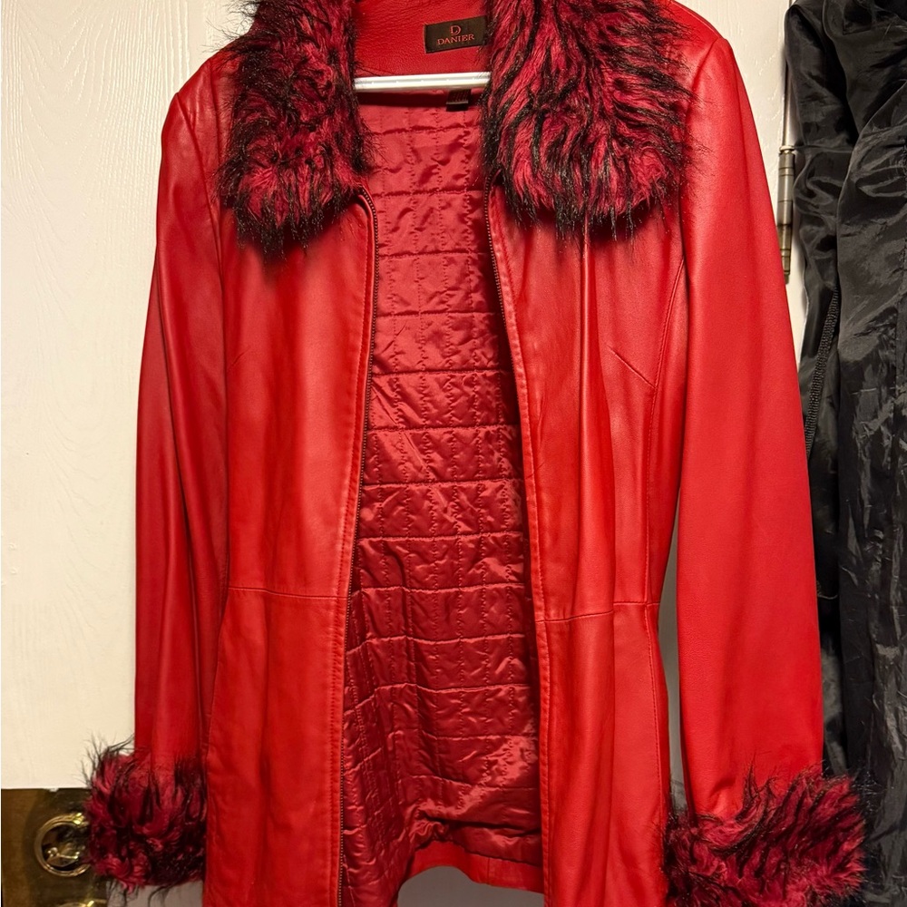 Danier Red Leather Jacket with Faux Fur Trim